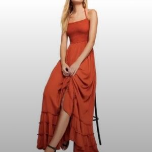 Lulus Rust Halter Neck Smocked maxi dress xs red